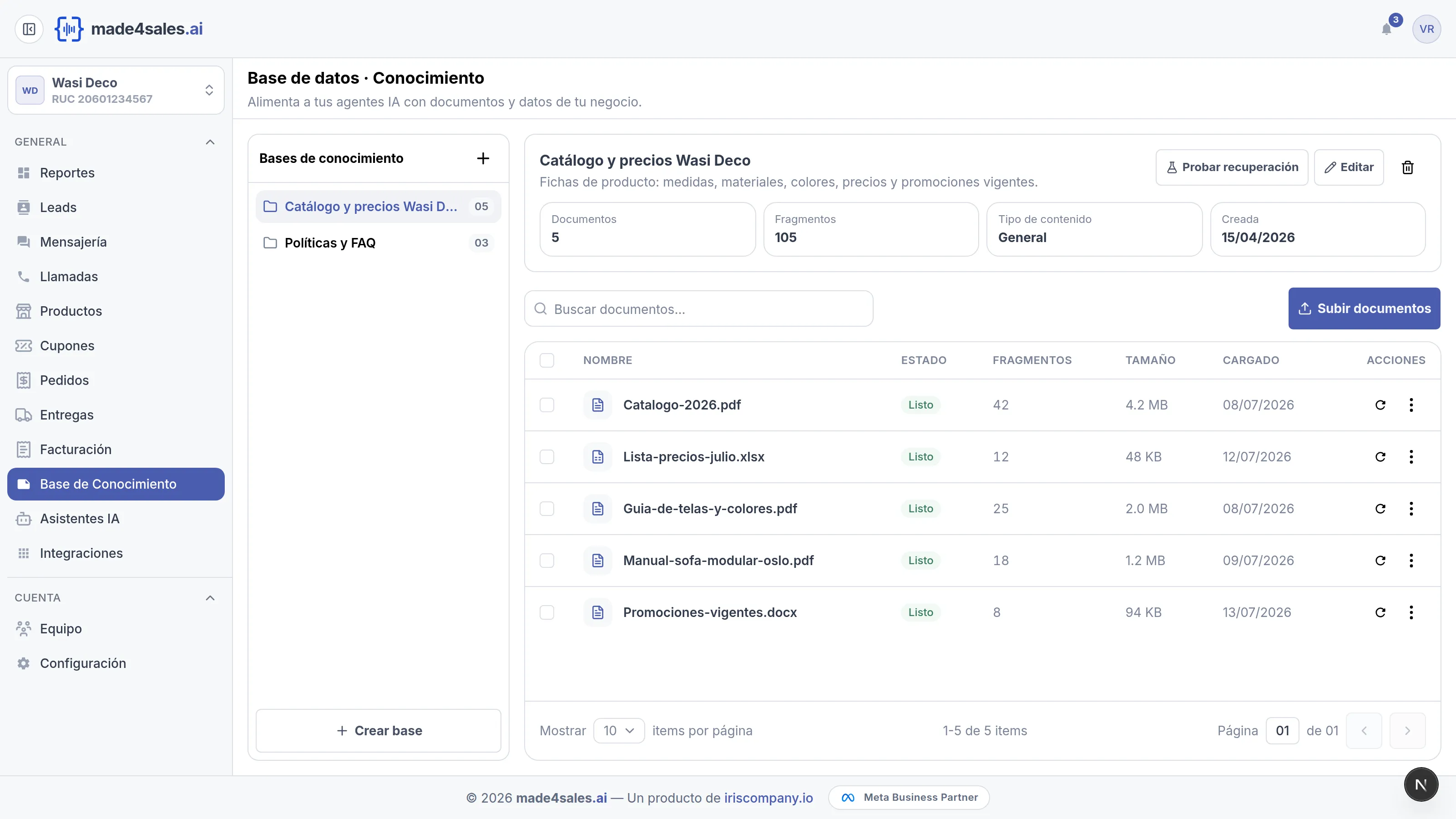 Base de conocimiento de Made4Sales con documentos procesados para entrenar a la IA