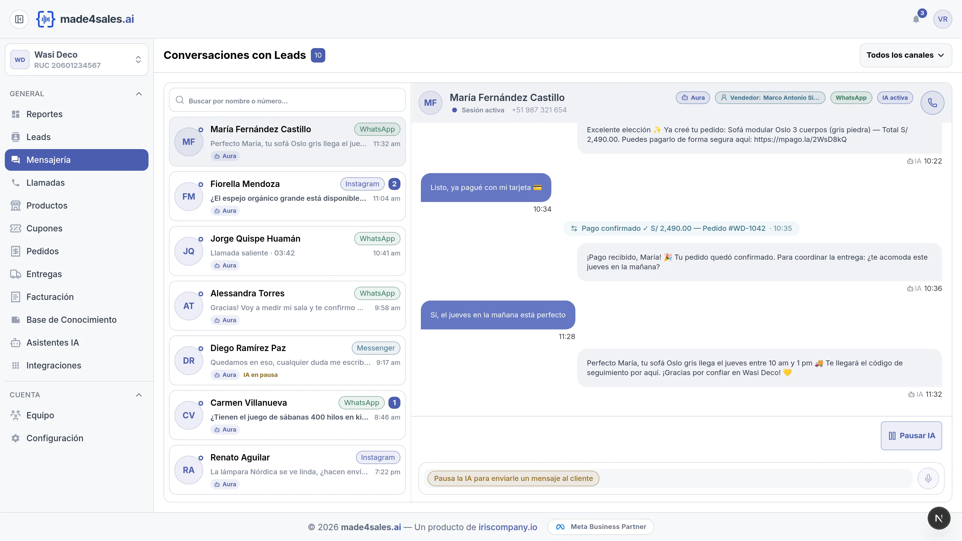 Panel de mensajería de Made4Sales con conversaciones de WhatsApp, Instagram y Messenger